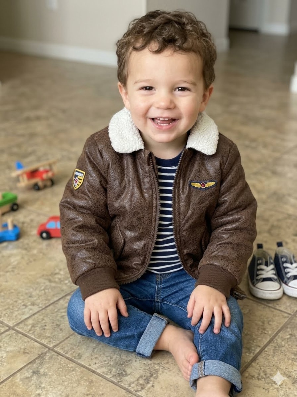 Little Me 4T Boys Brown Faux Leather Aviator Bomber Sherpa Trim Jacket Top Gun